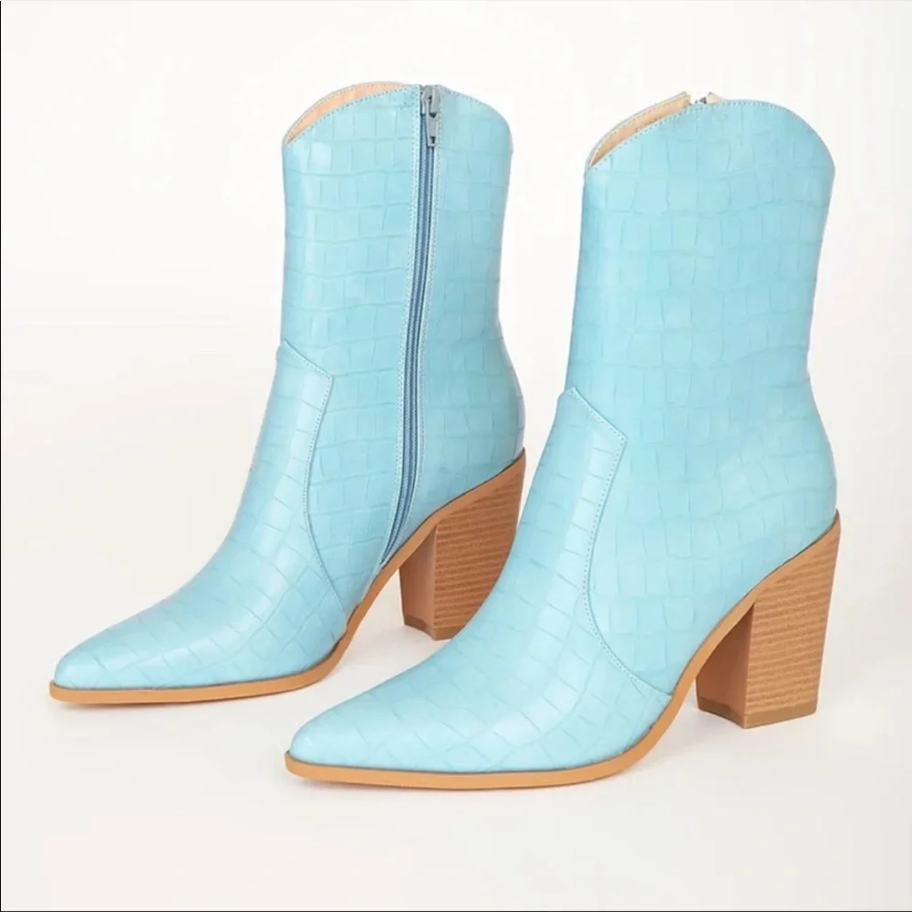 Blue Crocodile-Embossed Mid-Calf High Heel Boots - Picture 1 of 4